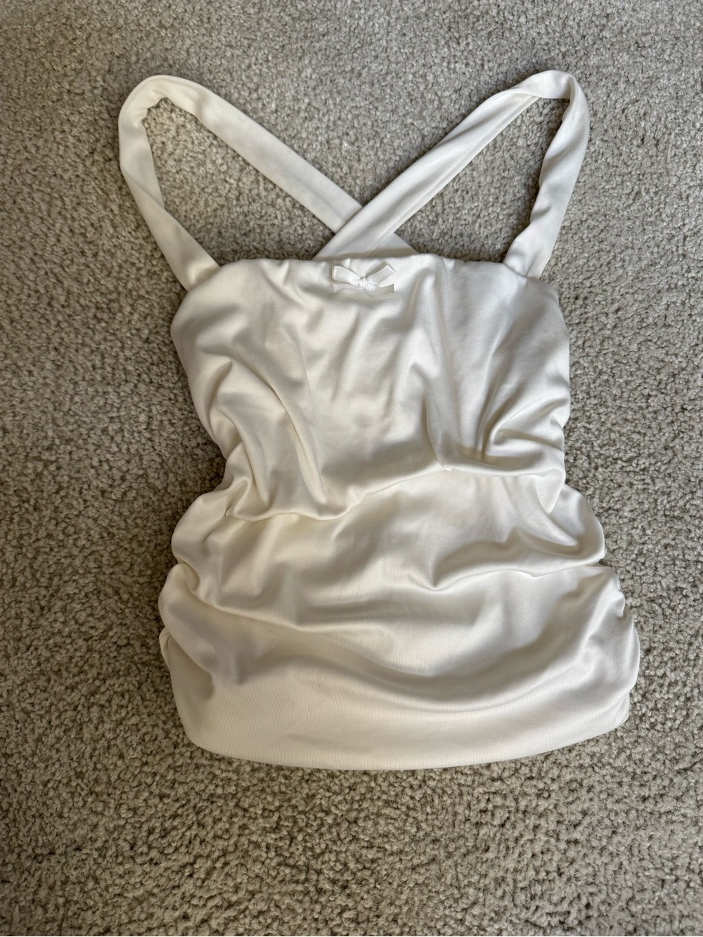 Satin Ruched Cross-Back Camisole in Cream with front bow - y2k streetwear